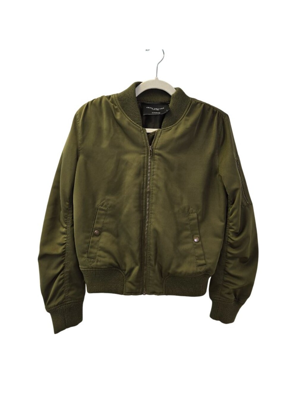 Akira Chicago Black Label Green Satin Ruched Sleeve Bomber Jacket Size Small